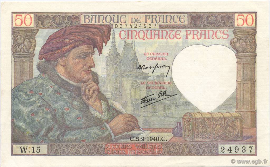 50 Francs JACQUES CŒUR FRANKREICH  1940 F.19.02 VZ
