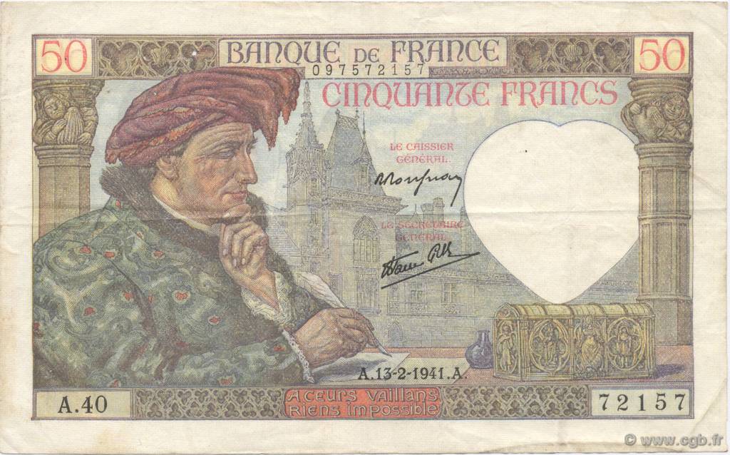50 Francs JACQUES CŒUR FRANCIA  1941 F.19.06 MBC