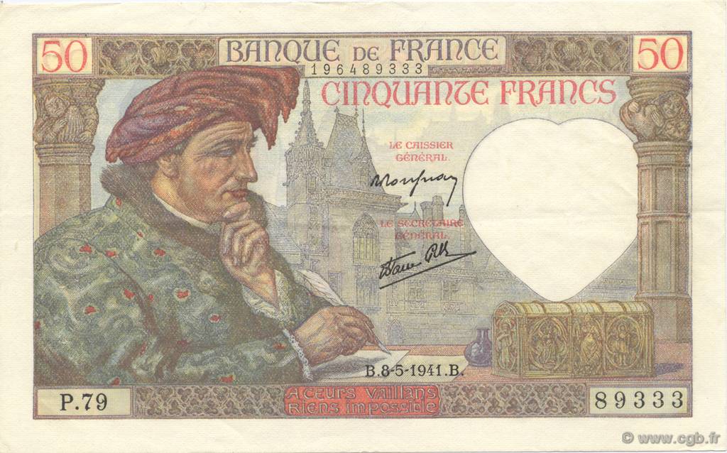50 Francs JACQUES CŒUR FRANCE  1941 F.19.10 XF-