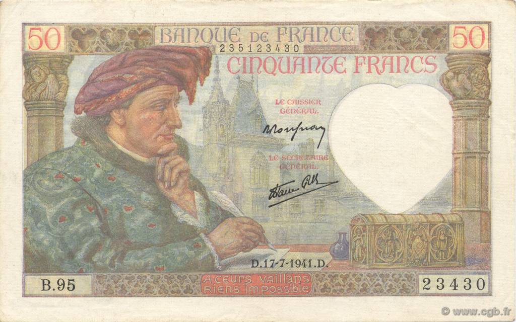 50 Francs JACQUES CŒUR FRANKREICH  1941 F.19.12 VZ