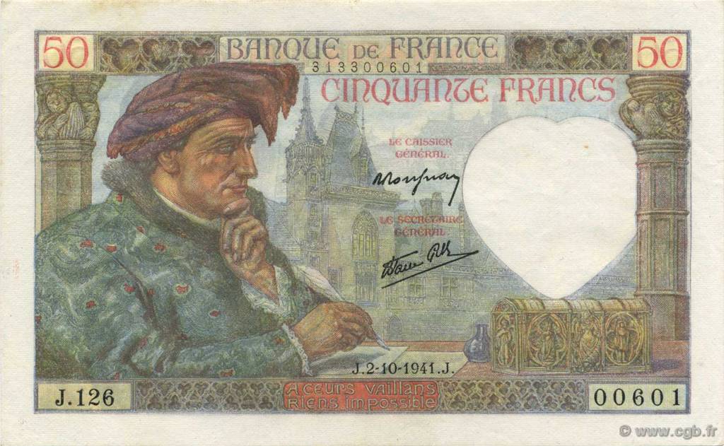 50 Francs JACQUES CŒUR FRANCE  1941 F.19.15 AU-