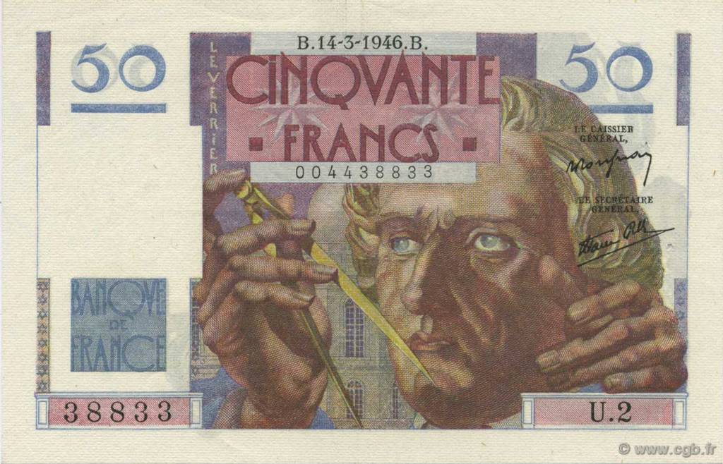50 Francs LE VERRIER FRANCE  1946 F.20.01 XF
