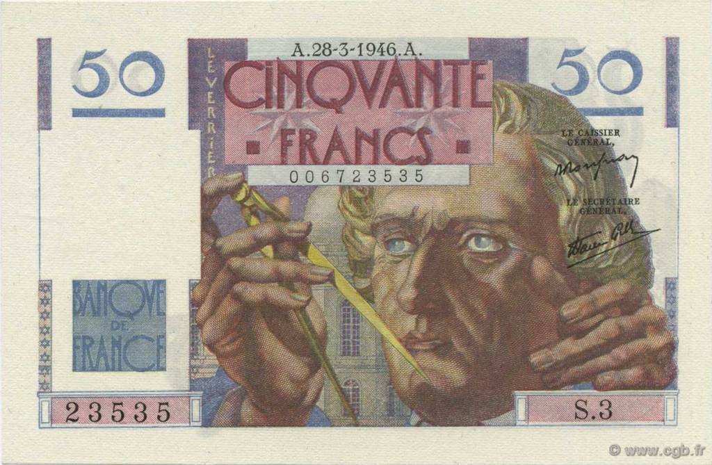 50 Francs LE VERRIER FRANCIA  1946 F.20.02 q.FDC