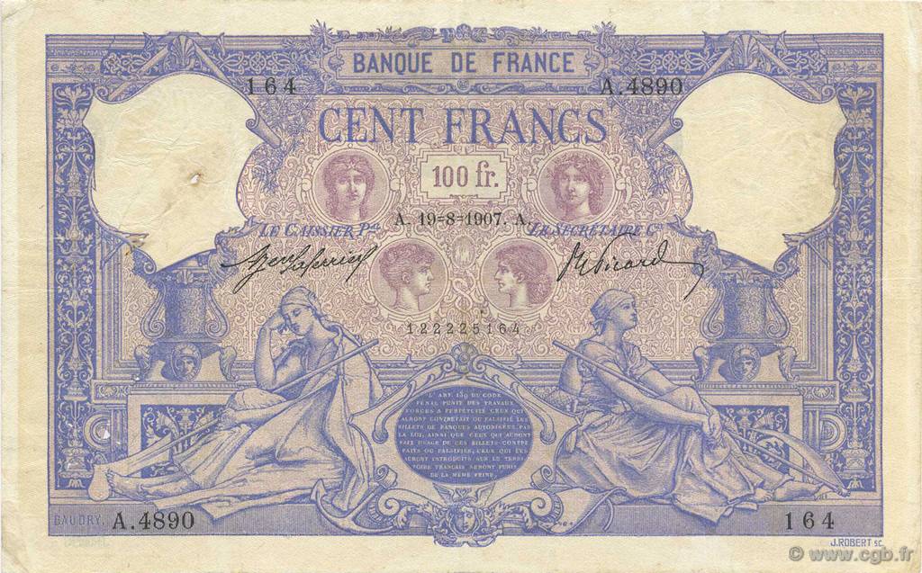 100 Francs BLEU ET ROSE FRANCIA  1907 F.21.22 MB a BB