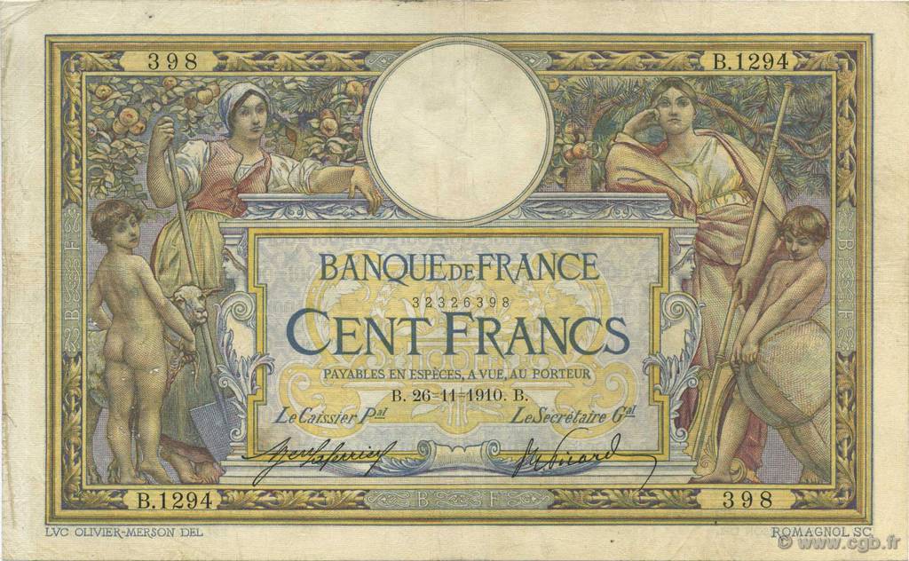 100 Francs LUC OLIVIER MERSON sans LOM FRANKREICH  1910 F.23.02 S