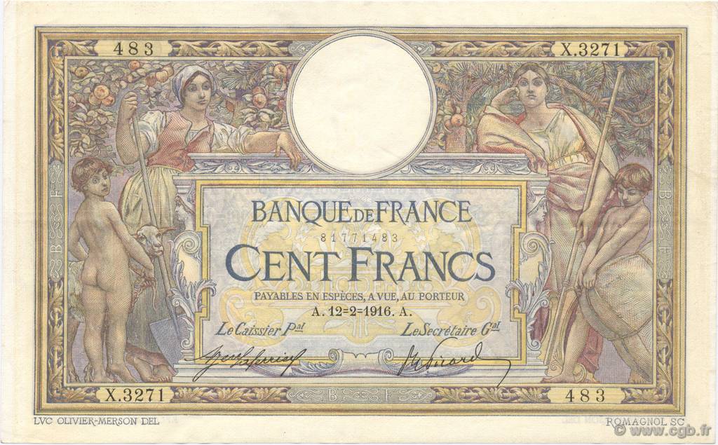 100 Francs LUC OLIVIER MERSON sans LOM FRANCIA  1916 F.23.08 MBC a EBC