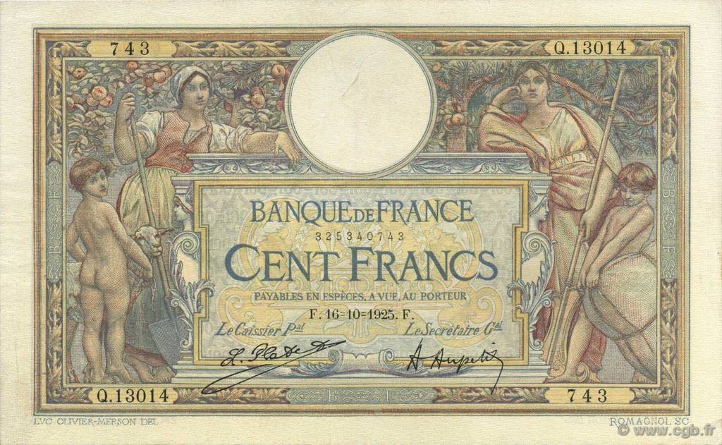 100 Francs LUC OLIVIER MERSON grands cartouches FRANCIA  1925 F.24.03 MBC+