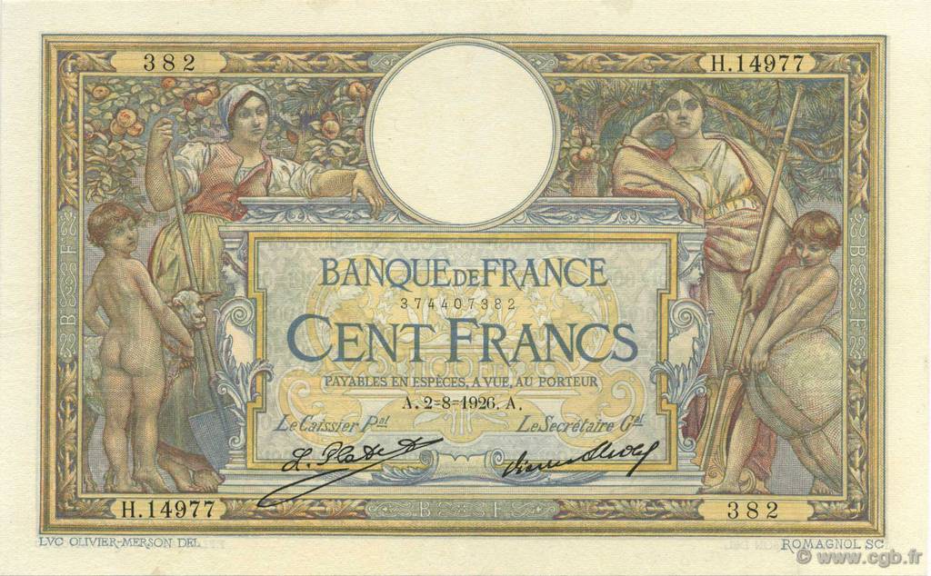 100 Francs LUC OLIVIER MERSON grands cartouches FRANCE  1926 F.24.04 XF