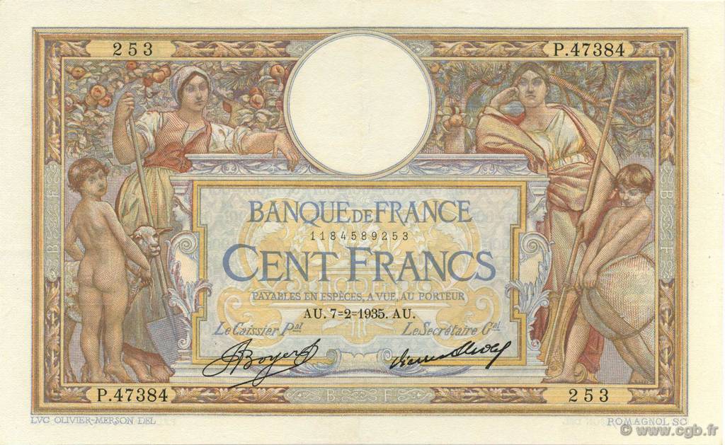 100 Francs LUC OLIVIER MERSON grands cartouches FRANCE  1935 F.24.14 XF