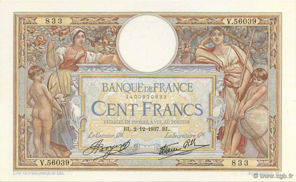 100 Francs LUC OLIVIER MERSON type modifié FRANCIA  1937 F.25.04 SC