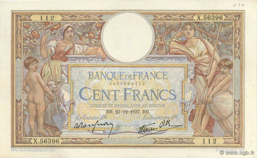 100 Francs LUC OLIVIER MERSON type modifié FRANCE  1937 F.25.06 VF+