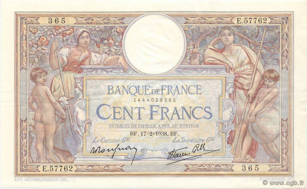 100 Francs LUC OLIVIER MERSON type modifié FRANCE  1938 F.25.11 SUP