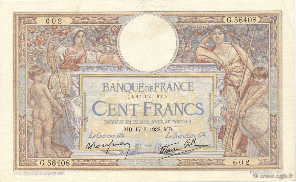 100 Francs LUC OLIVIER MERSON type modifié FRANKREICH  1938 F.25.13 SS to VZ