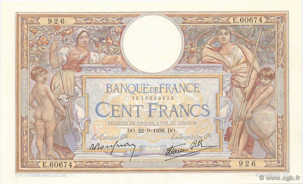 100 Francs LUC OLIVIER MERSON type modifié FRANCE  1938 F.25.29 UNC-