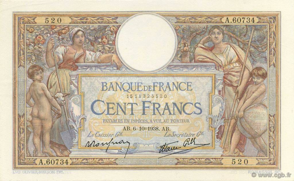 100 Francs LUC OLIVIER MERSON type modifié FRANCIA  1938 F.25.30 AU