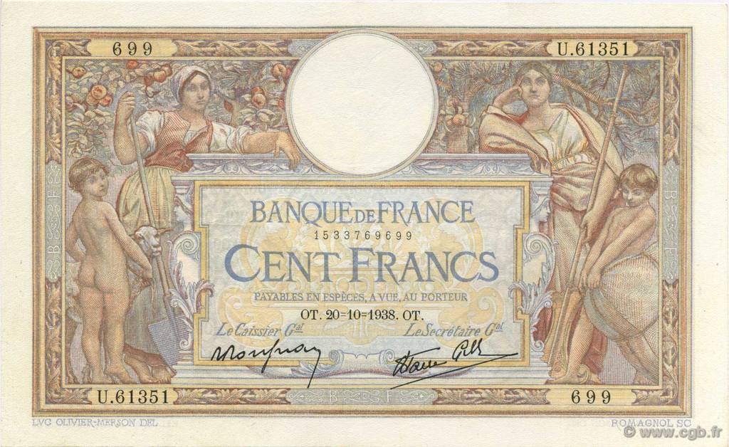 100 Francs LUC OLIVIER MERSON type modifié FRANCIA  1938 F.25.32 q.SPL