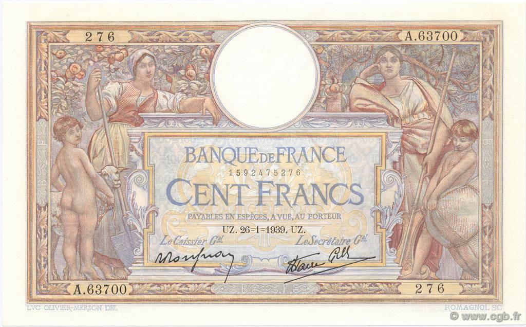 100 Francs LUC OLIVIER MERSON type modifié FRANCIA  1939 F.25.40 SC+