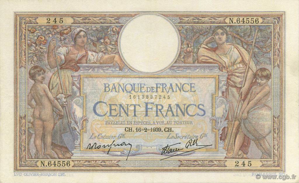 100 Francs LUC OLIVIER MERSON type modifié FRANCIA  1939 F.25.43 MBC+