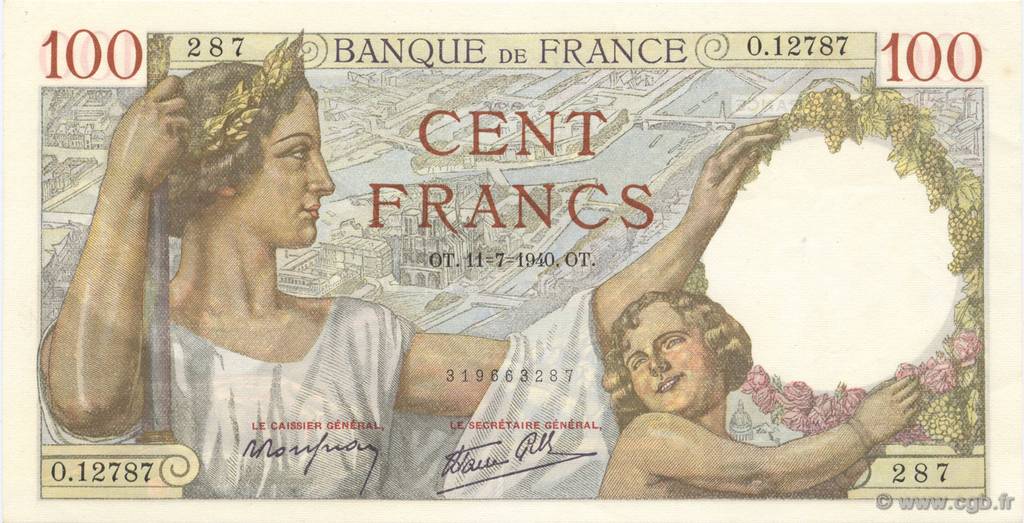 100 Francs SULLY FRANKREICH  1940 F.26.33 fST+