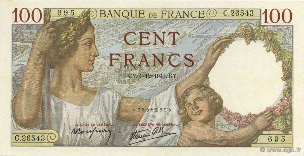100 Francs SULLY FRANKREICH  1941 F.26.62 ST