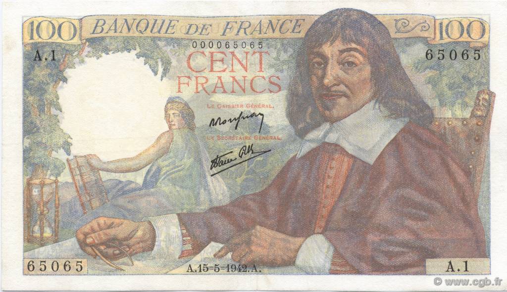 100 Francs DESCARTES FRANCE  1942 F.27.01 XF-