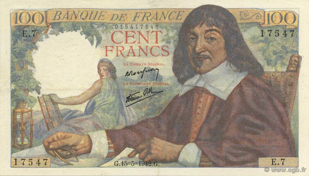 100 Francs DESCARTES FRANCE  1942 F.27.01 XF-