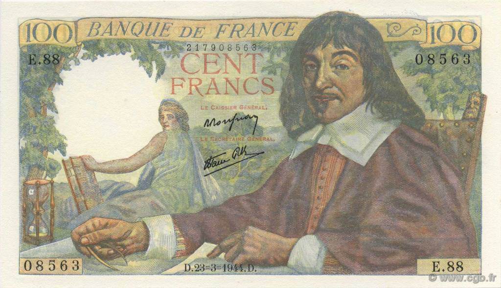 100 Francs DESCARTES FRANCIA  1944 F.27.05 FDC