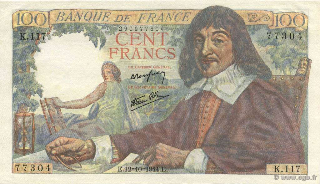 100 Francs DESCARTES FRANCIA  1944 F.27.08 q.FDC