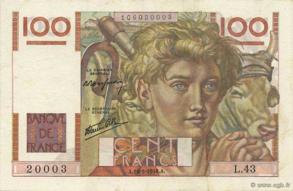 100 Francs JEUNE PAYSAN FRANKREICH  1946 F.28.04 VZ+
