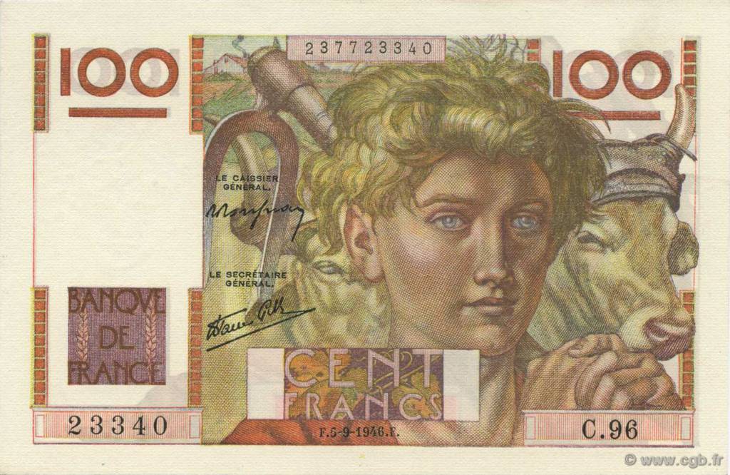 100 Francs JEUNE PAYSAN FRANCIA  1946 F.28.08 SC