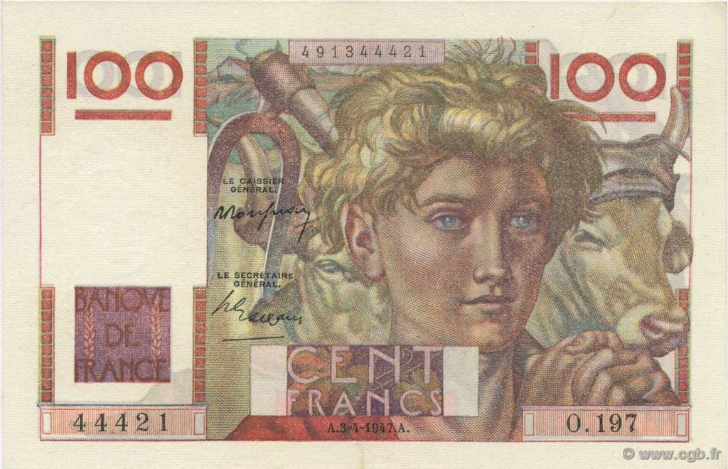 100 Francs JEUNE PAYSAN FRANCE  1947 F.28.14 AU-