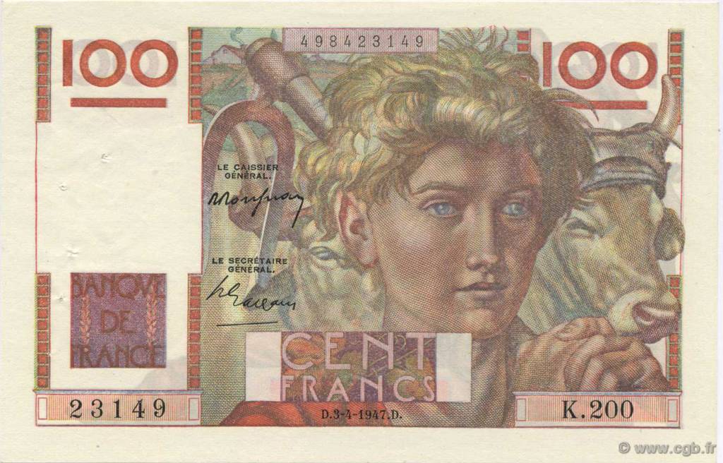 100 Francs JEUNE PAYSAN FRANCE  1947 F.28.14 SUP