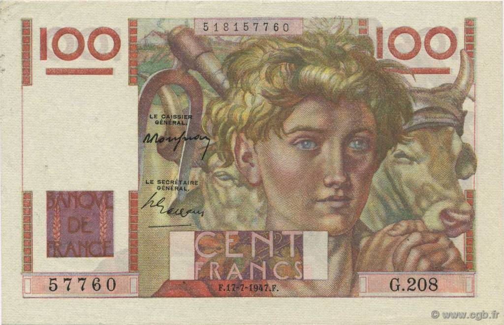100 Francs JEUNE PAYSAN FRANCE  1947 F.28.15 XF+
