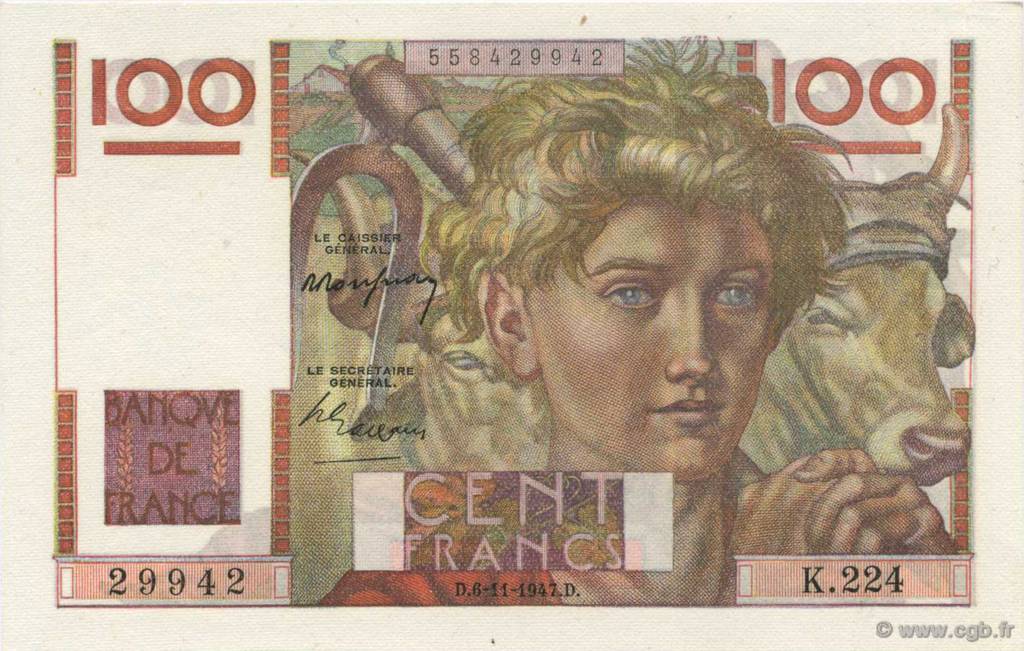 100 Francs JEUNE PAYSAN FRANKREICH  1947 F.28.16 VZ+