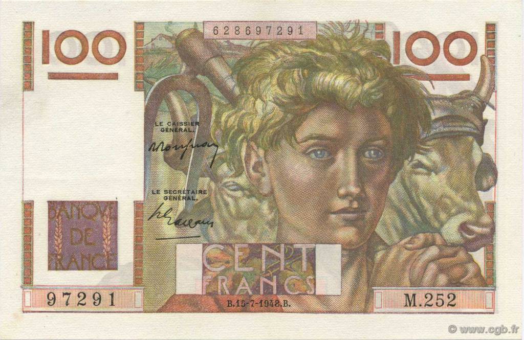 100 Francs JEUNE PAYSAN FRANCIA  1948 F.28.19 EBC a SC