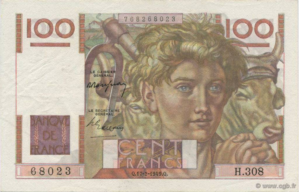 100 Francs JEUNE PAYSAN FRANKREICH  1949 F.28.22 VZ