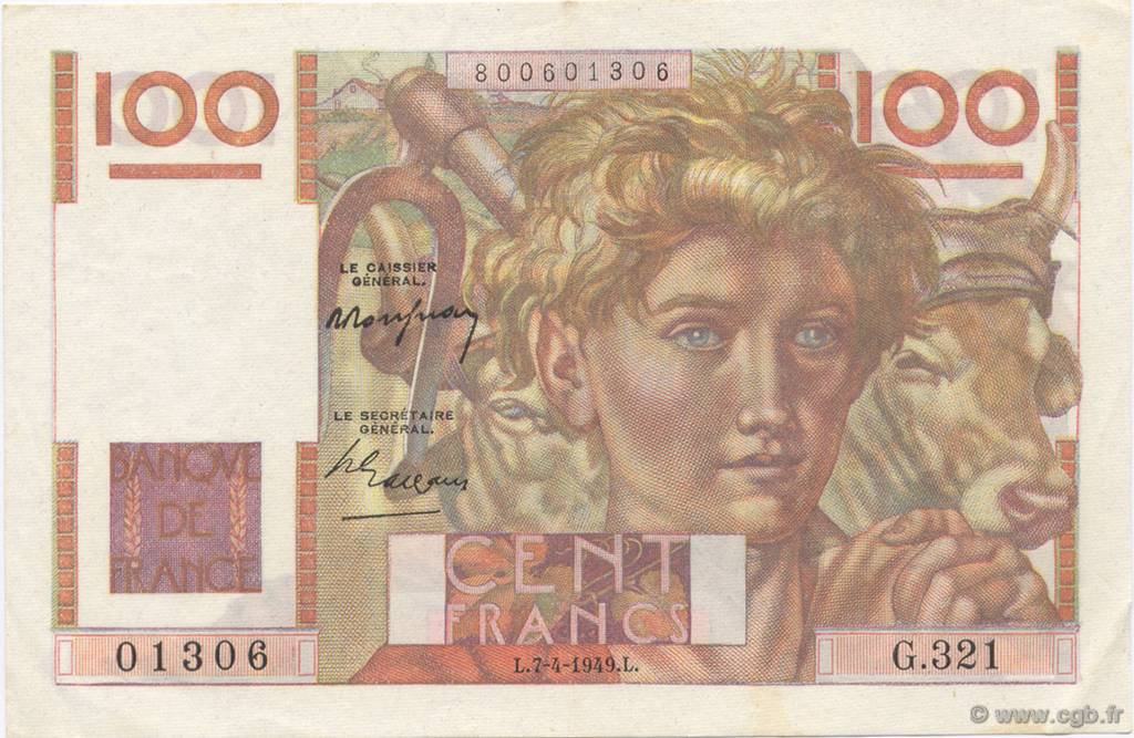 100 Francs JEUNE PAYSAN FRANKREICH  1949 F.28.23 VZ+