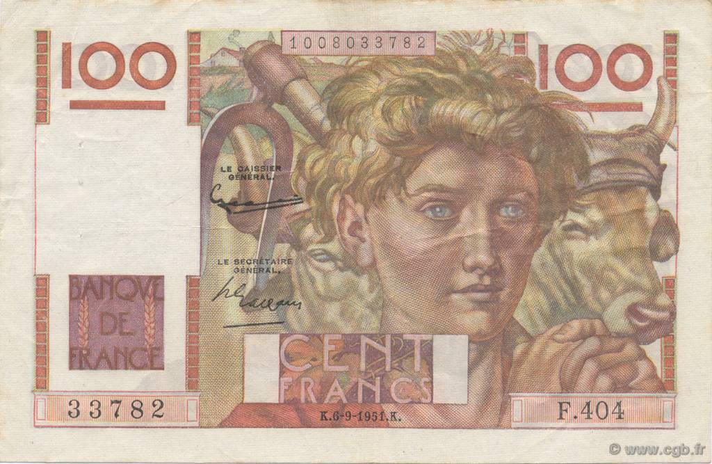 100 Francs JEUNE PAYSAN FRANCE  1951 F.28.29 pr.SUP