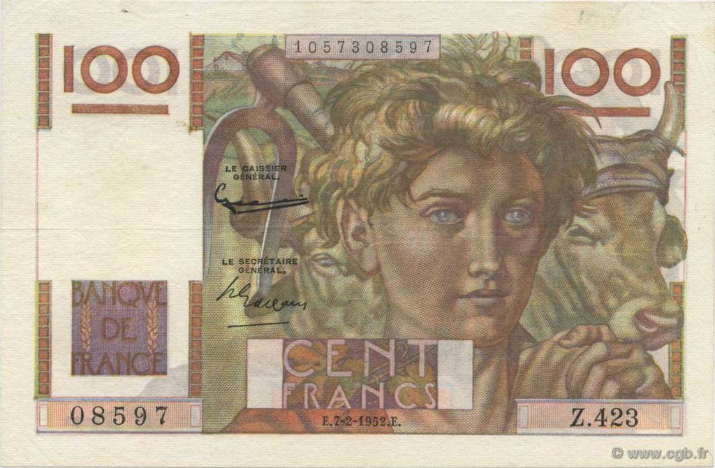 100 Francs JEUNE PAYSAN FRANCE  1952 F.28.31 VF+