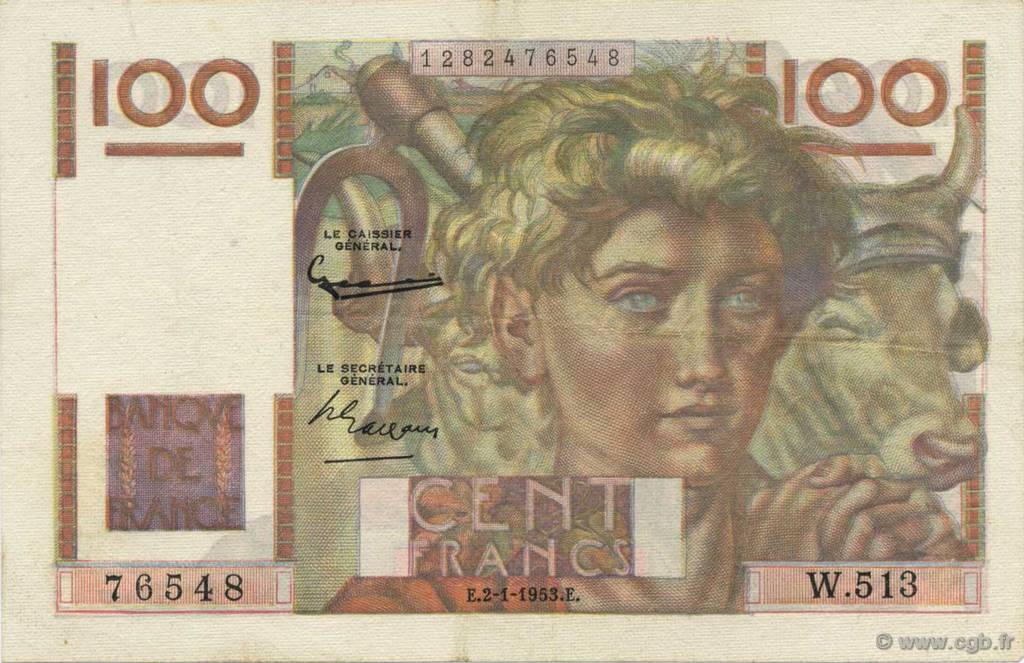 100 Francs JEUNE PAYSAN FRANCE  1953 F.28.35 VF+
