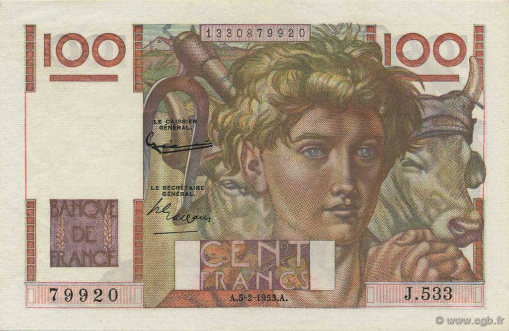 100 Francs JEUNE PAYSAN FRANCE  1953 F.28.36 AU+
