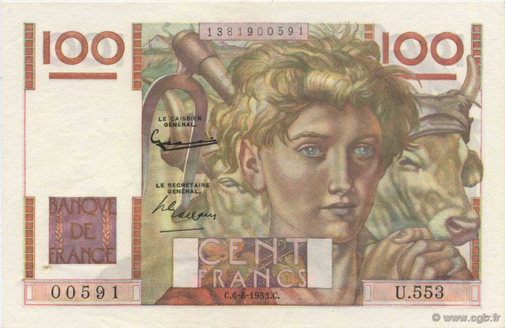 100 Francs JEUNE PAYSAN FRANKREICH  1953 F.28.38 VZ+