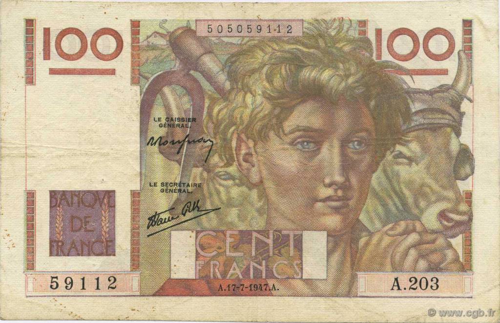 100 Francs JEUNE PAYSAN Favre-Gilly FRANCIA  1947 F.28ter.01 BC+