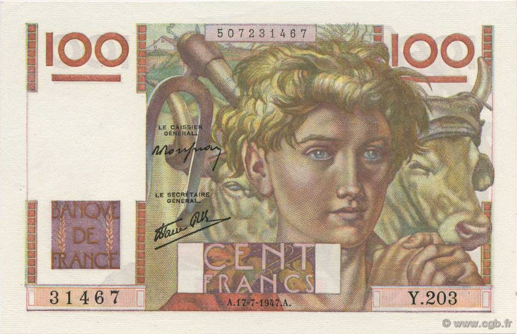 100 Francs JEUNE PAYSAN Favre-Gilly FRANCE  1947 F.28ter.01 UNC