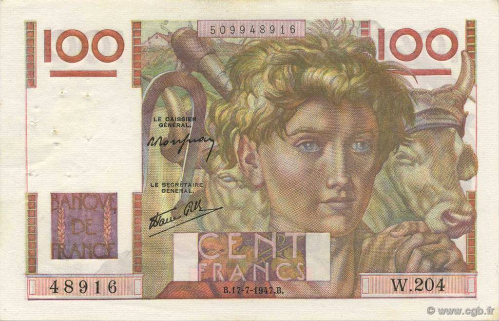 100 Francs JEUNE PAYSAN Favre-Gilly FRANKREICH  1947 F.28ter.02 fVZ