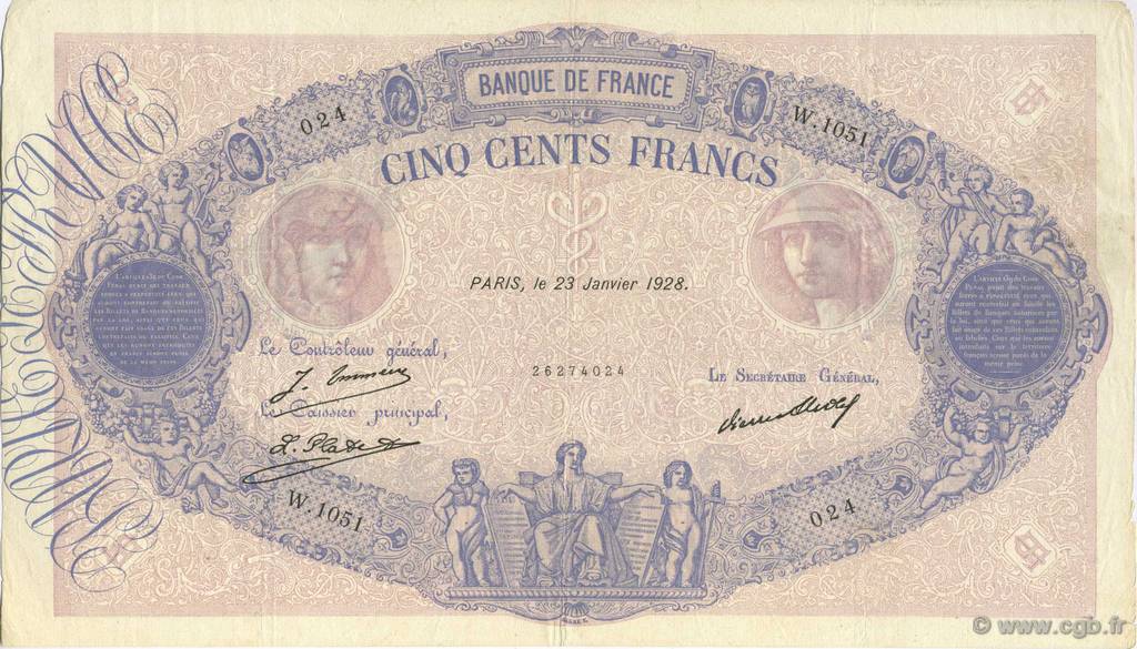 500 Francs BLEU ET ROSE FRANCE  1928 F.30.31 VF