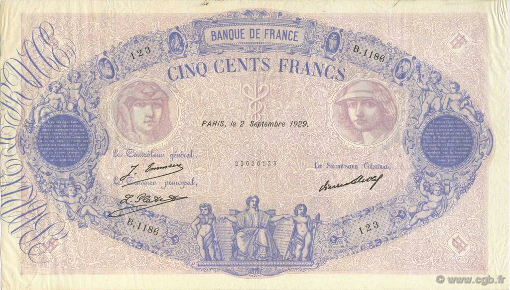 500 Francs BLEU ET ROSE FRANKREICH  1929 F.30.32 fVZ