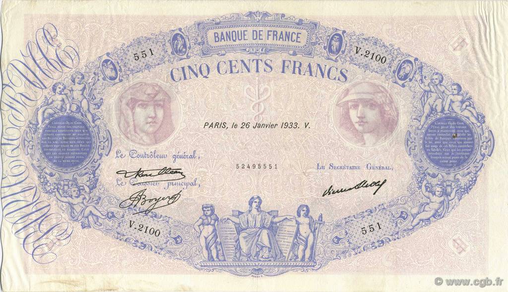 500 Francs BLEU ET ROSE FRANCE  1933 F.30.36 VF