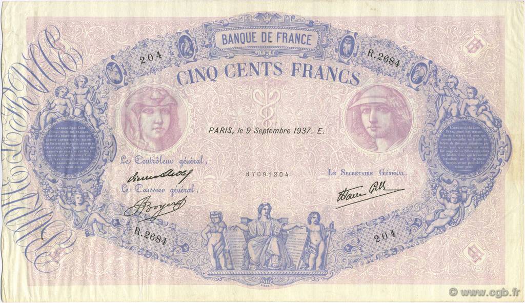 500 Francs BLEU ET ROSE type modifié FRANCIA  1937 F.31.03 q.SPL