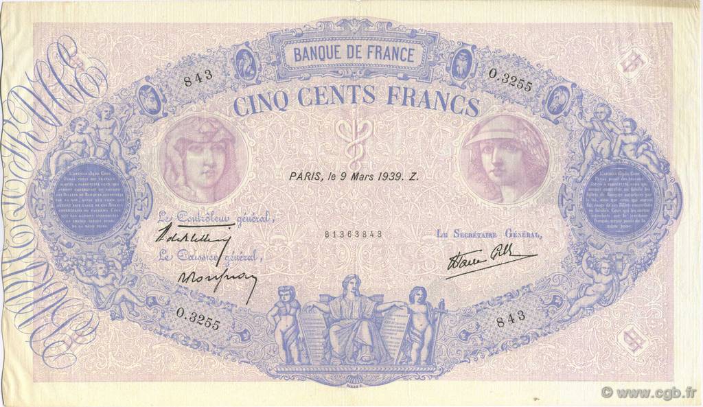 500 Francs BLEU ET ROSE type modifié FRANCE  1939 F.31.26 XF